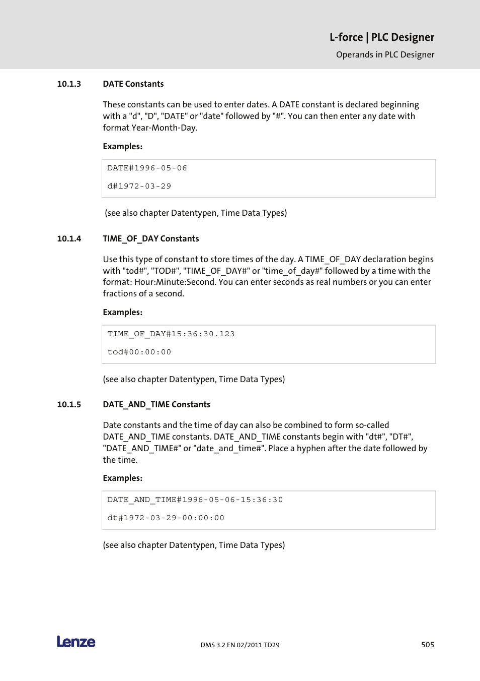 Date constants, Time_of_day constants, Date_and_time constants | L-force | plc designer | Lenze PLC Designer PLC Designer (R2-x) User Manual | Page 507 / 844