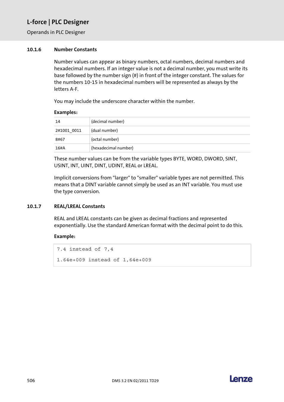 Number constants, Real/lreal constants, L-force | plc designer | Lenze PLC Designer PLC Designer (R2-x) User Manual | Page 508 / 844