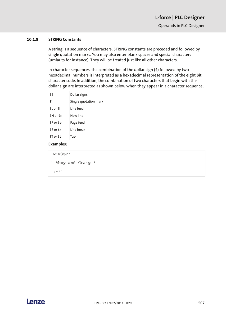 String constants, L-force | plc designer | Lenze PLC Designer PLC Designer (R2-x) User Manual | Page 509 / 844