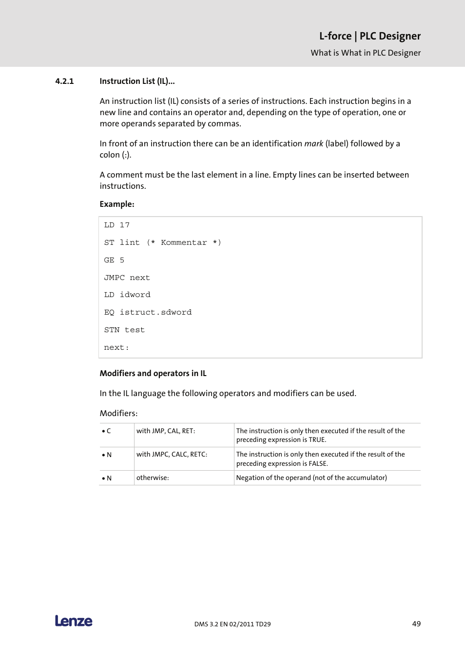 Instruction list (il), Modifiers and operators in il, L-force | plc designer | Lenze PLC Designer PLC Designer (R2-x) User Manual | Page 51 / 844