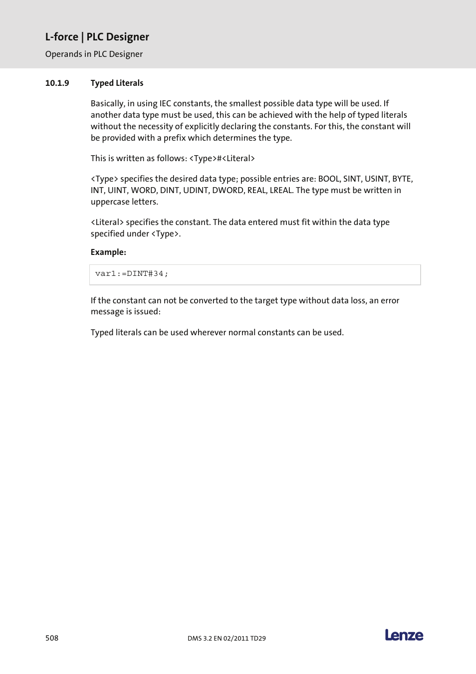 Typed literals, L-force | plc designer | Lenze PLC Designer PLC Designer (R2-x) User Manual | Page 510 / 844