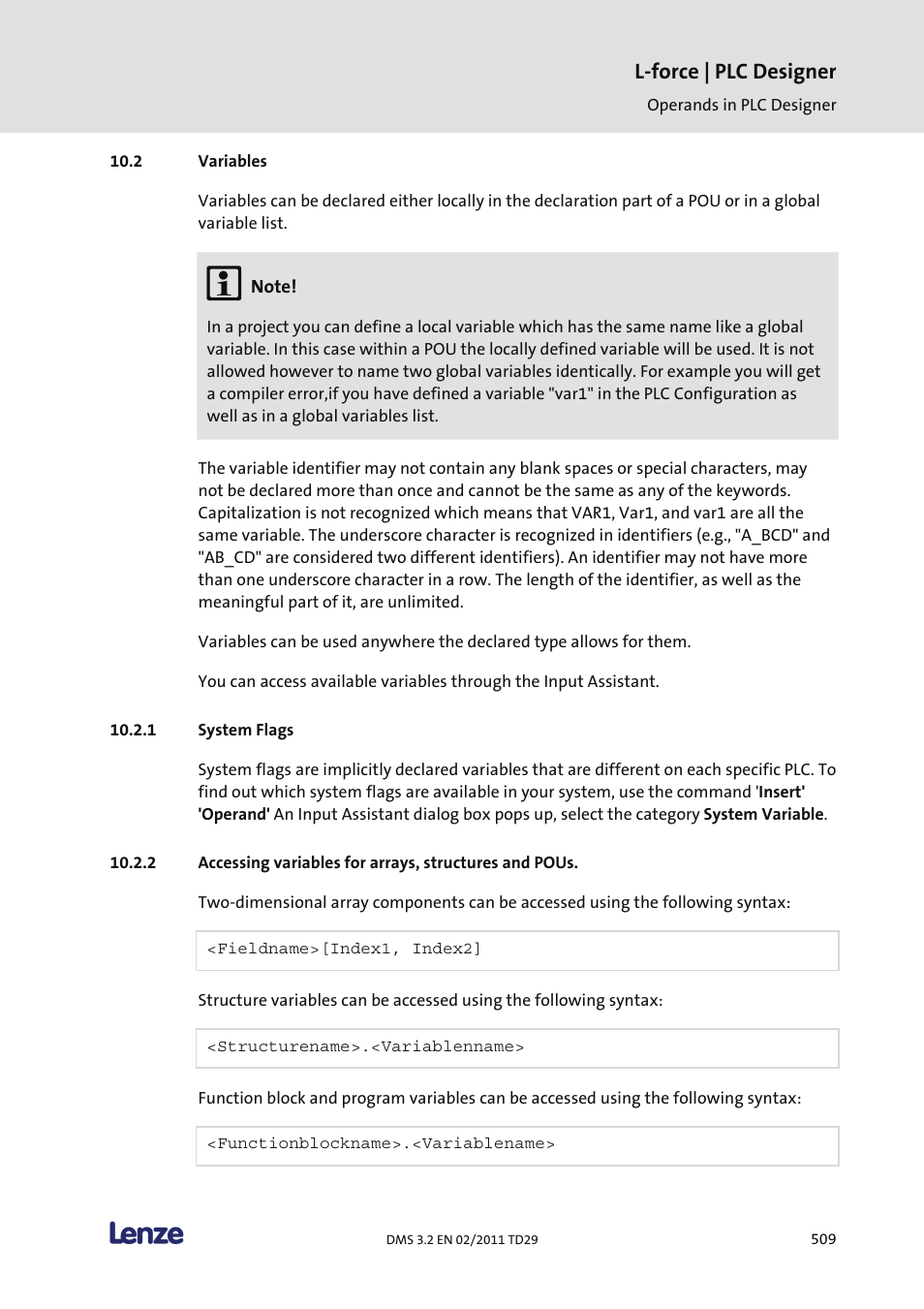Variables, System flags, L-force | plc designer | Lenze PLC Designer PLC Designer (R2-x) User Manual | Page 511 / 844