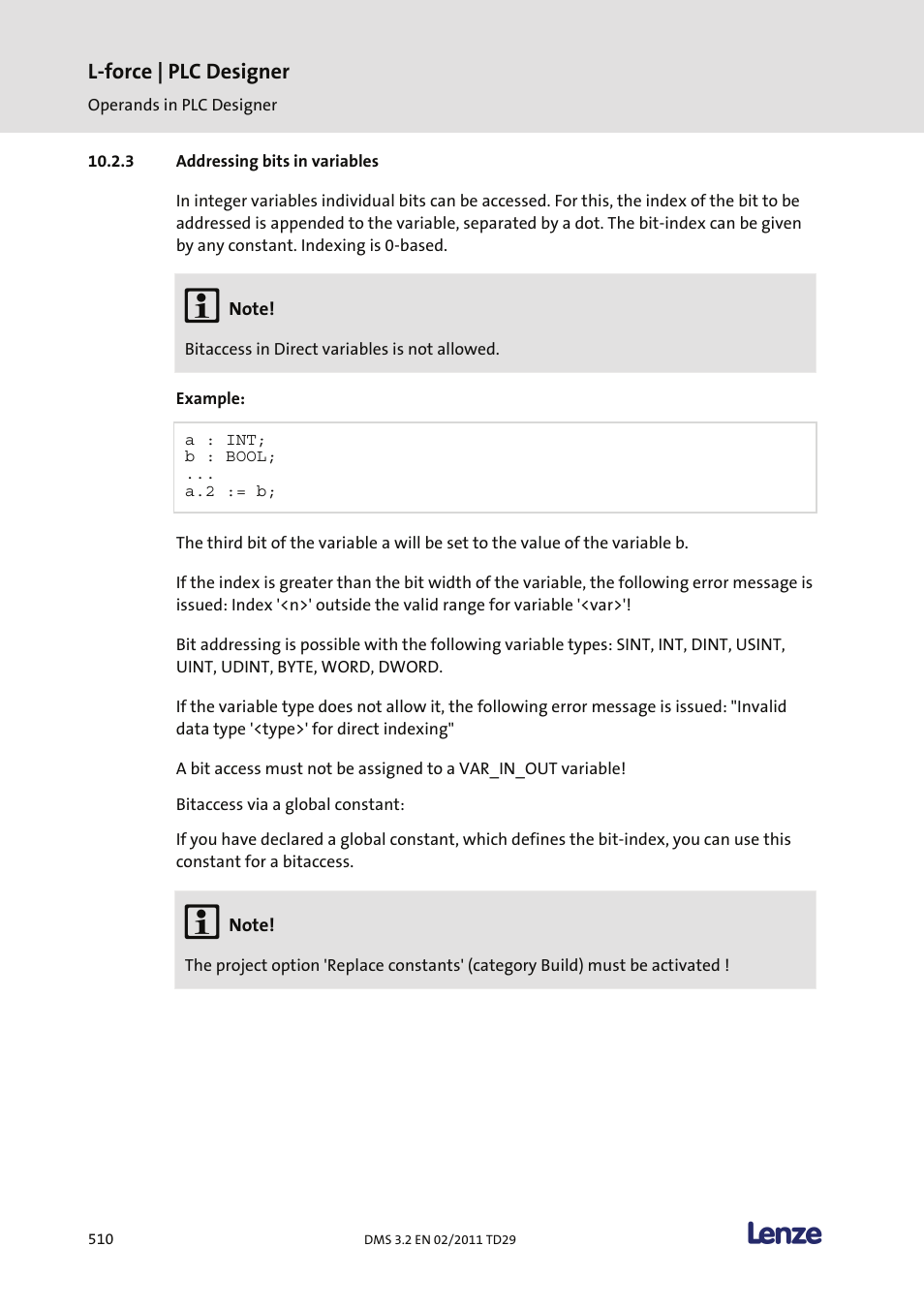 Addressing bits in variables, L-force | plc designer | Lenze PLC Designer PLC Designer (R2-x) User Manual | Page 512 / 844