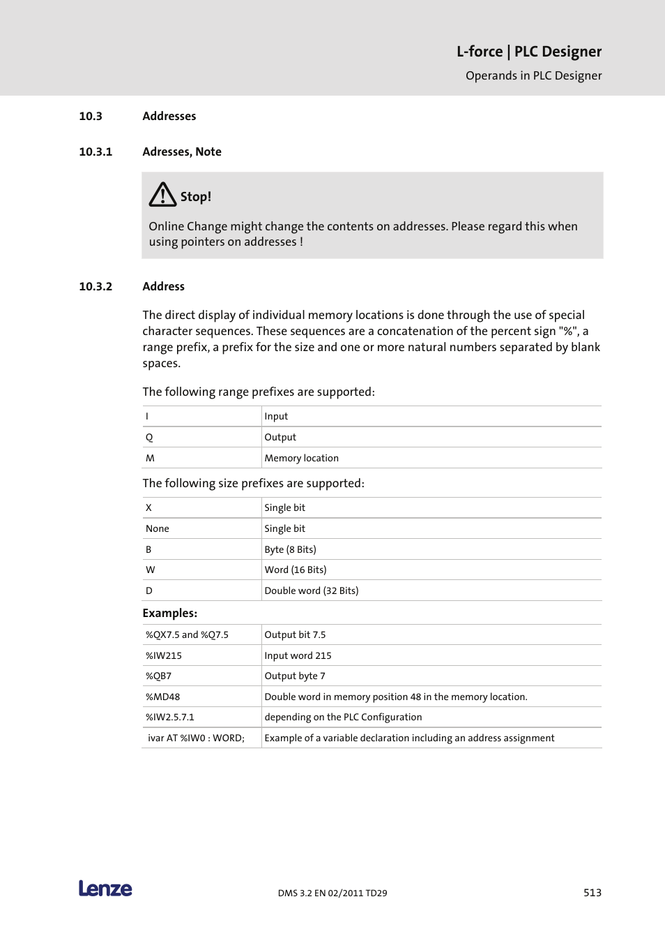 Addresses, Adresses, note, Address | L-force | plc designer | Lenze PLC Designer PLC Designer (R2-x) User Manual | Page 515 / 844