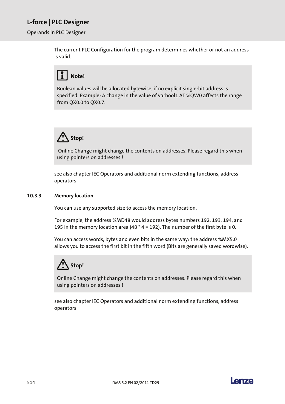 Memory location | Lenze PLC Designer PLC Designer (R2-x) User Manual | Page 516 / 844