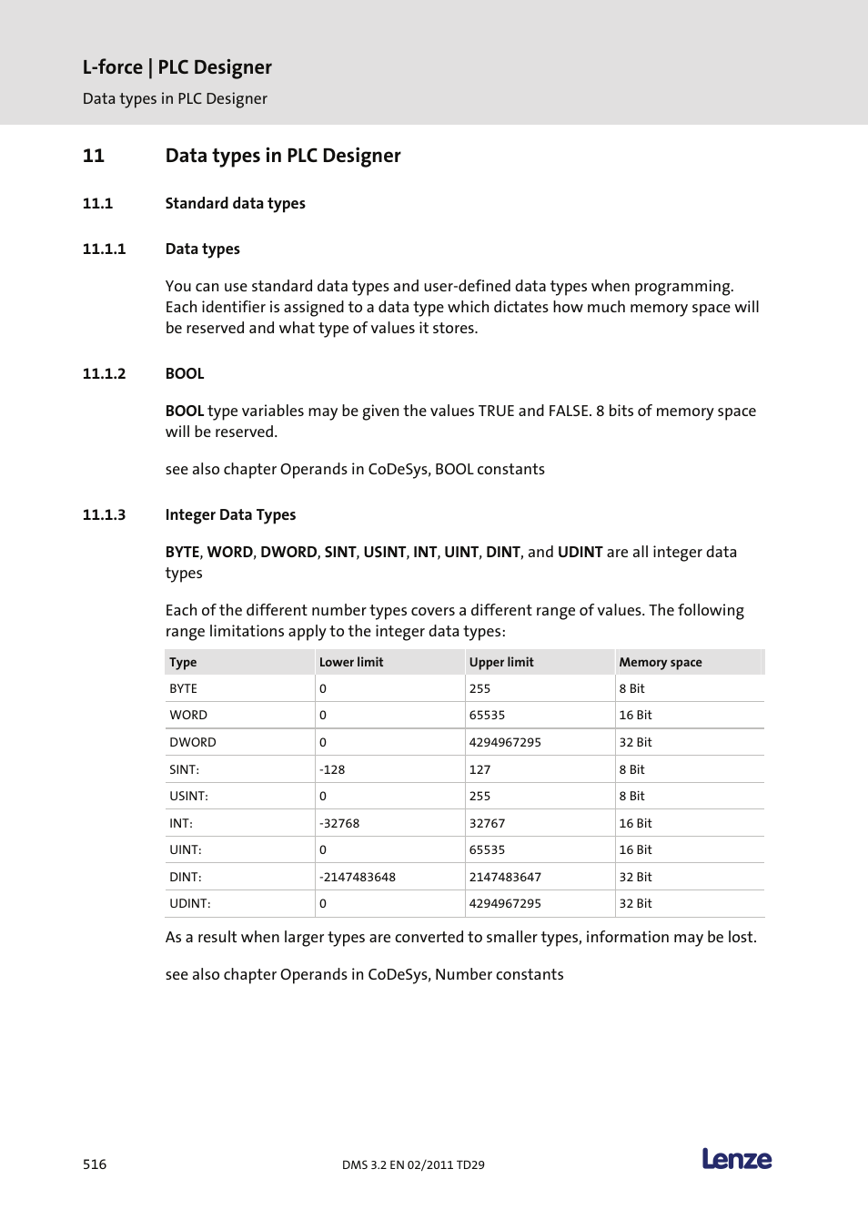 11 data types in plc designer, Standard data types, Data types | Bool, Integer data types, L-force | plc designer | Lenze PLC Designer PLC Designer (R2-x) User Manual | Page 518 / 844