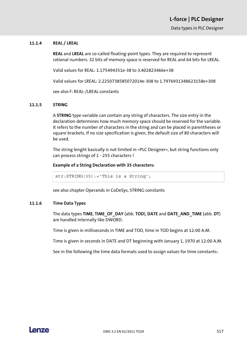 Real / lreal, String, Time data types | L-force | plc designer | Lenze PLC Designer PLC Designer (R2-x) User Manual | Page 519 / 844