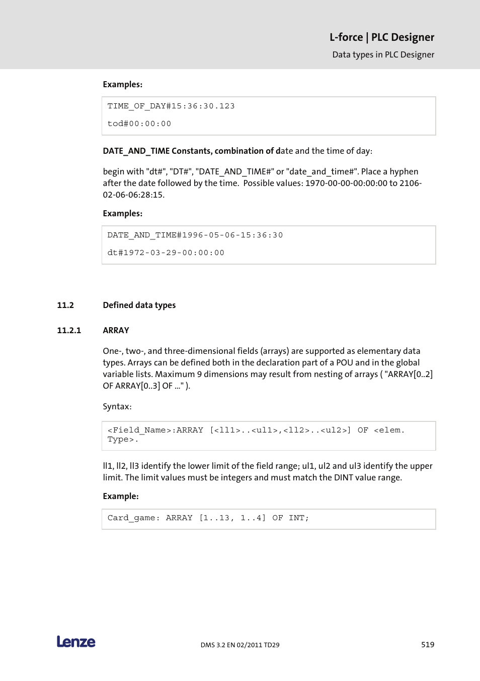 Defined data types, Array, L-force | plc designer | Lenze PLC Designer PLC Designer (R2-x) User Manual | Page 521 / 844