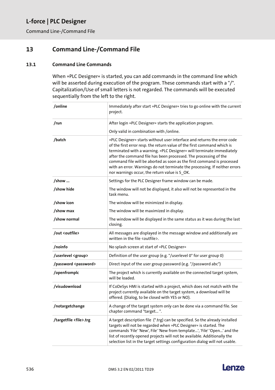 13 command line-/command file, Command line commands, L-force | plc designer | Lenze PLC Designer PLC Designer (R2-x) User Manual | Page 538 / 844