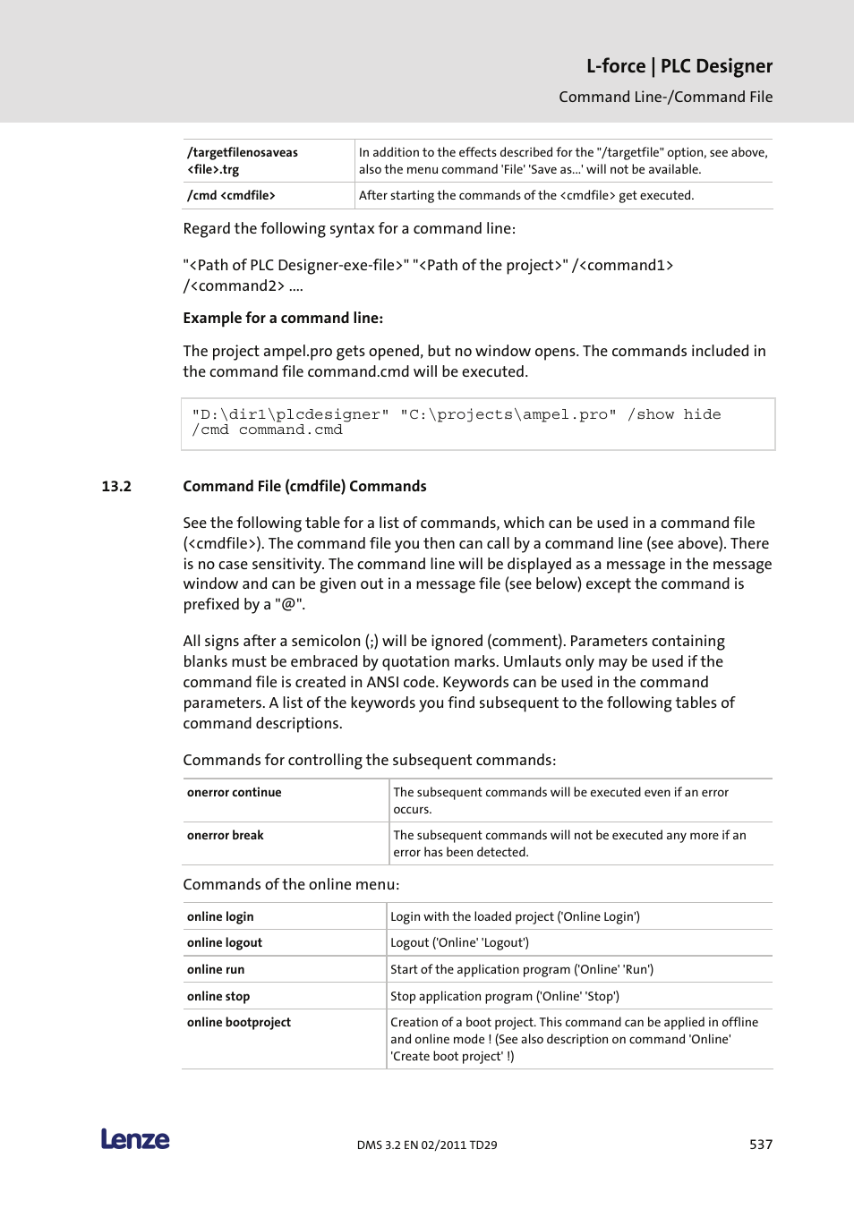 Command file (cmdfile) commands, L-force | plc designer | Lenze PLC Designer PLC Designer (R2-x) User Manual | Page 539 / 844