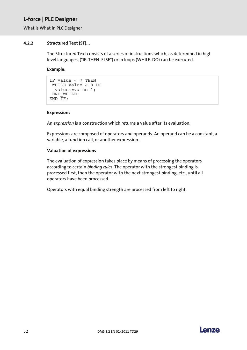 Structured text (st), Expressions, Valuation of expressions | L-force | plc designer | Lenze PLC Designer PLC Designer (R2-x) User Manual | Page 54 / 844