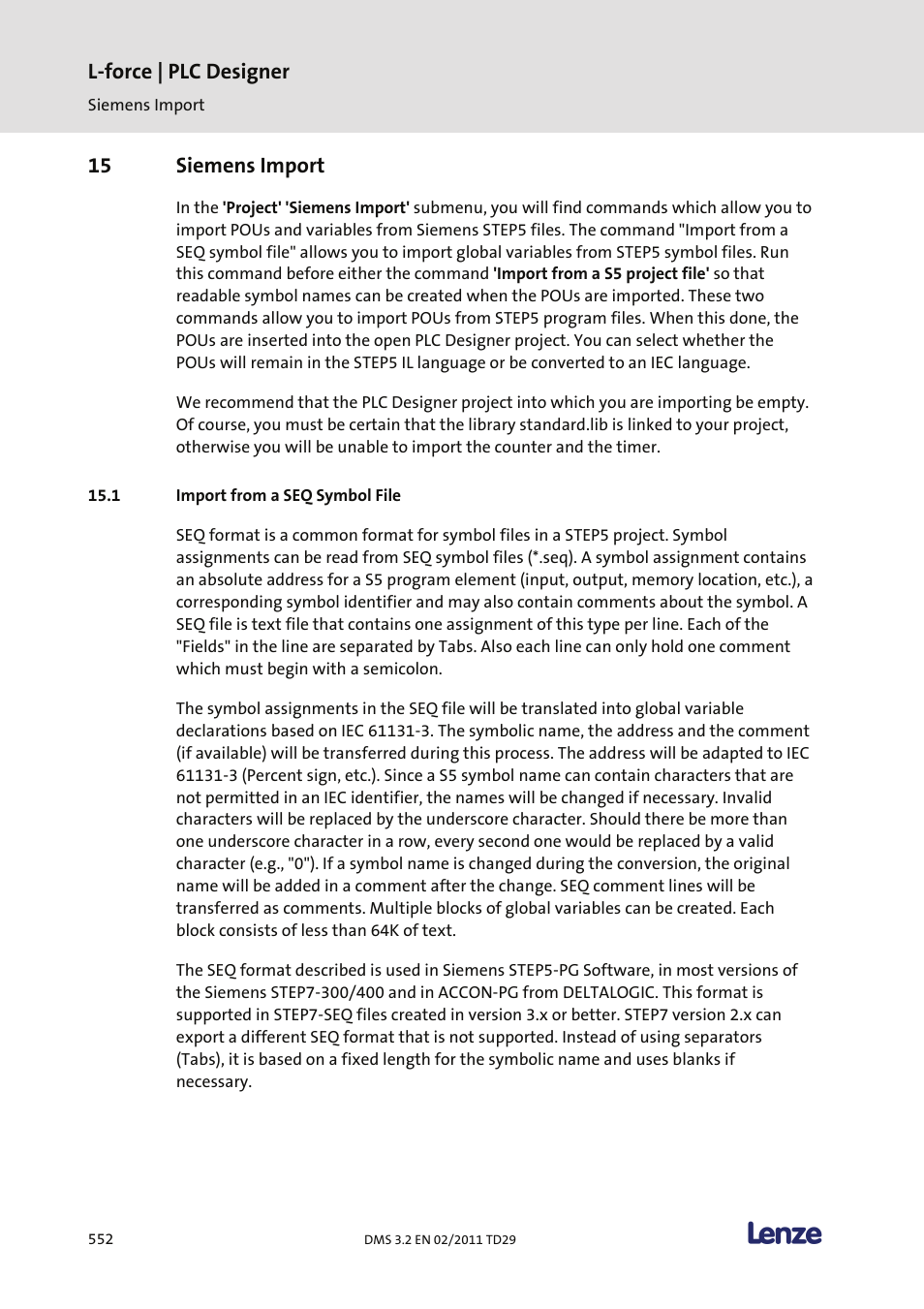 15 siemens import, Import from a seq symbol file, L-force | plc designer | Lenze PLC Designer PLC Designer (R2-x) User Manual | Page 554 / 844