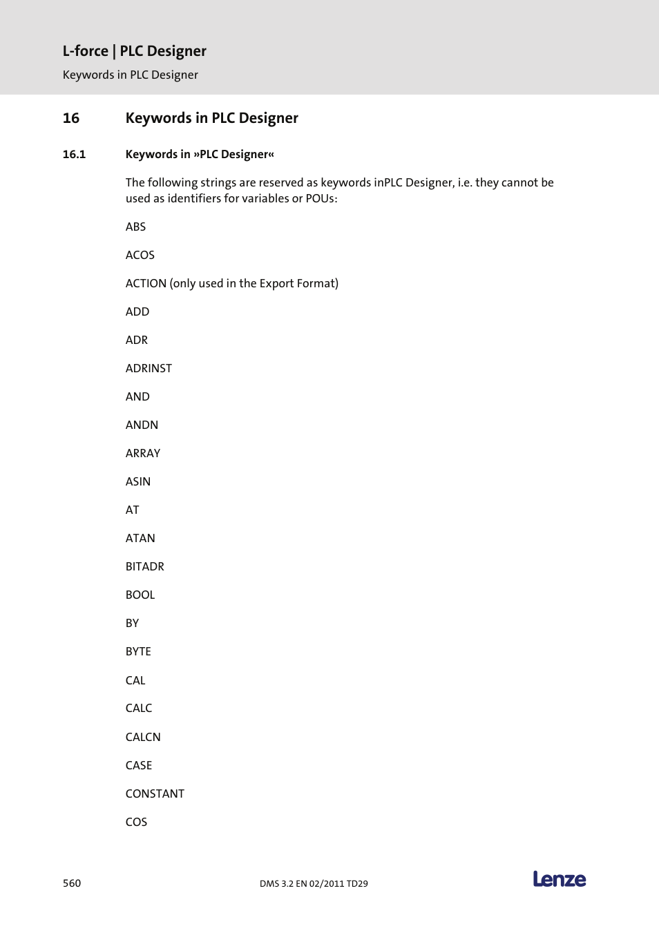 16 keywords in plc designer, Keywords in »plc designer, L-force | plc designer | Lenze PLC Designer PLC Designer (R2-x) User Manual | Page 562 / 844