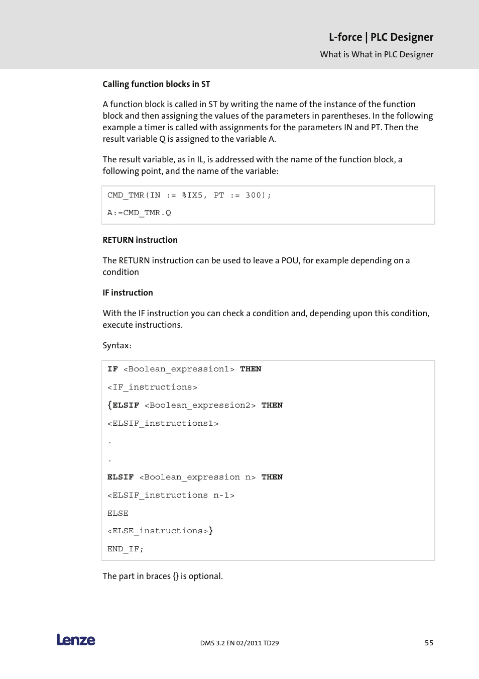 Calling function blocks in st, Return instruction, If instruction | L-force | plc designer | Lenze PLC Designer PLC Designer (R2-x) User Manual | Page 57 / 844