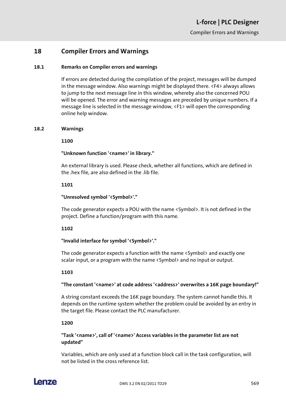 18 compiler errors and warnings, Remarks on compiler errors and warnings, Warnings | L-force | plc designer | Lenze PLC Designer PLC Designer (R2-x) User Manual | Page 571 / 844