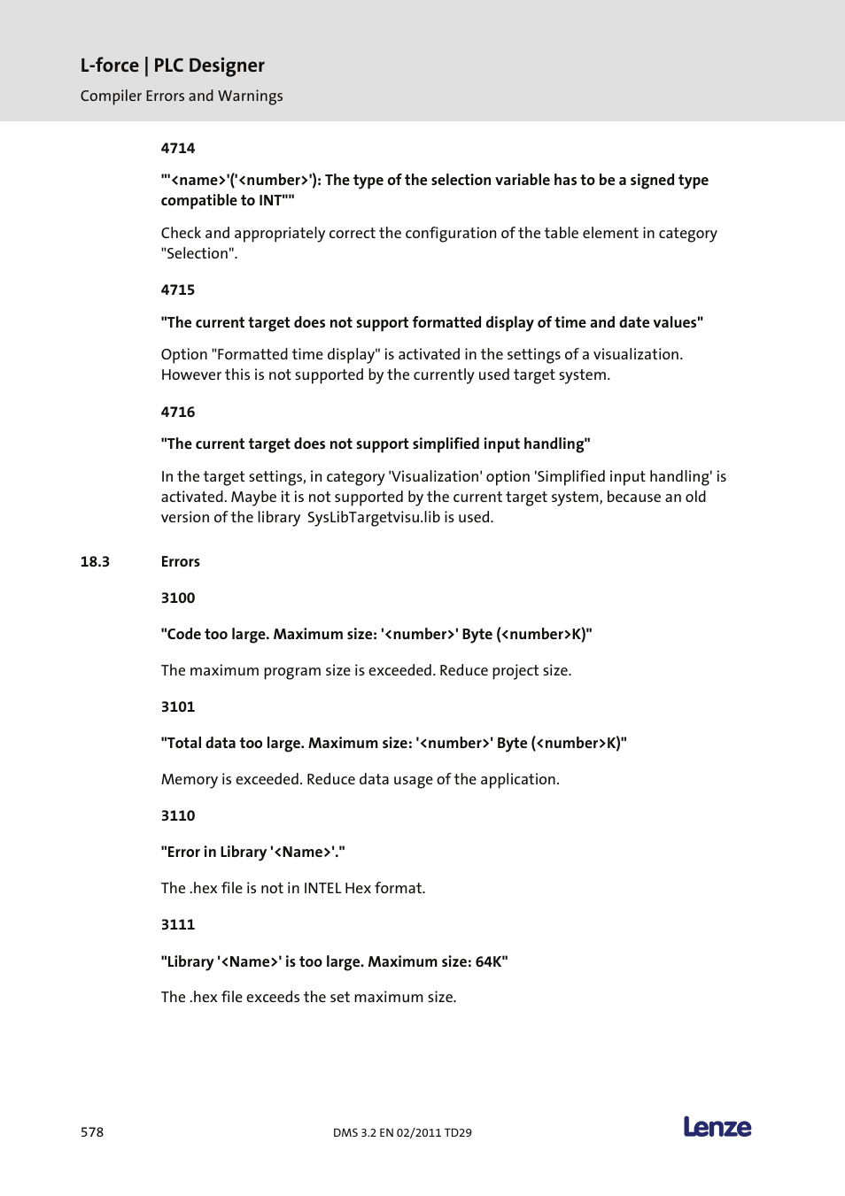 Errors, L-force | plc designer | Lenze PLC Designer PLC Designer (R2-x) User Manual | Page 580 / 844