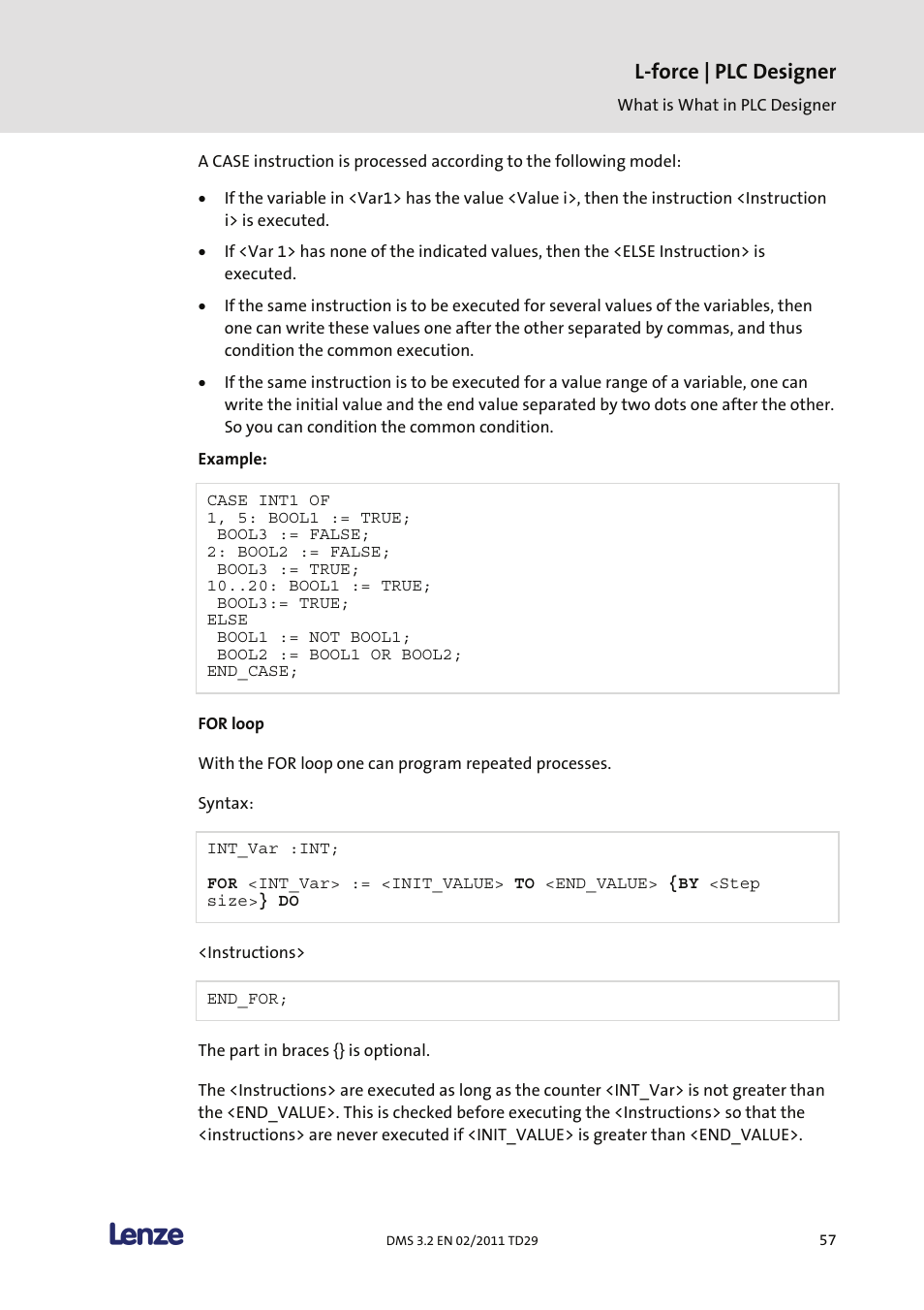 For loop, L-force | plc designer | Lenze PLC Designer PLC Designer (R2-x) User Manual | Page 59 / 844