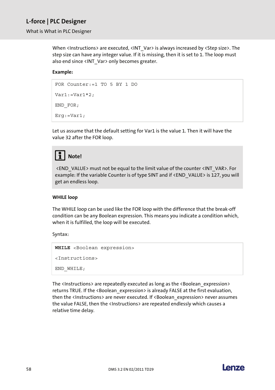 While loop, L-force | plc designer | Lenze PLC Designer PLC Designer (R2-x) User Manual | Page 60 / 844