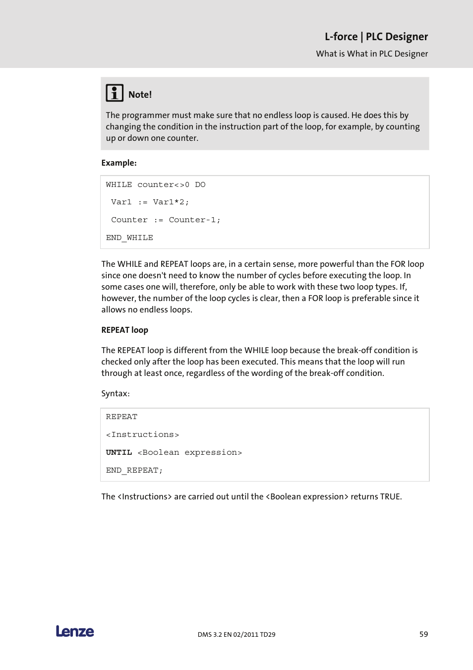 Repeat loop, L-force | plc designer | Lenze PLC Designer PLC Designer (R2-x) User Manual | Page 61 / 844