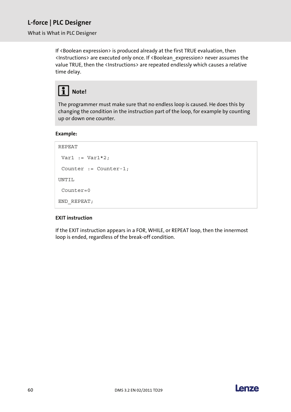 Exit instruction, L-force | plc designer | Lenze PLC Designer PLC Designer (R2-x) User Manual | Page 62 / 844