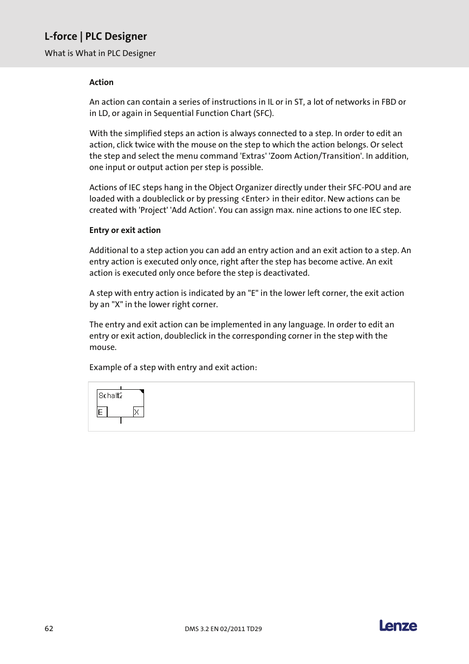 Action, Entry or exit action, L-force | plc designer | Lenze PLC Designer PLC Designer (R2-x) User Manual | Page 64 / 844