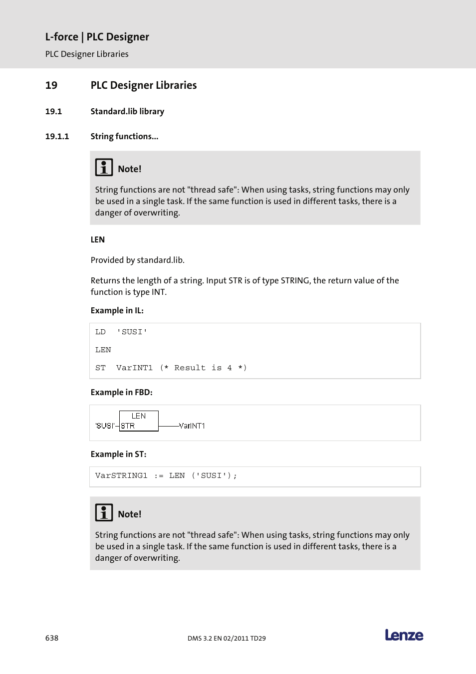19 plc designer libraries, Standard.lib library, String functions | Lenze PLC Designer PLC Designer (R2-x) User Manual | Page 640 / 844