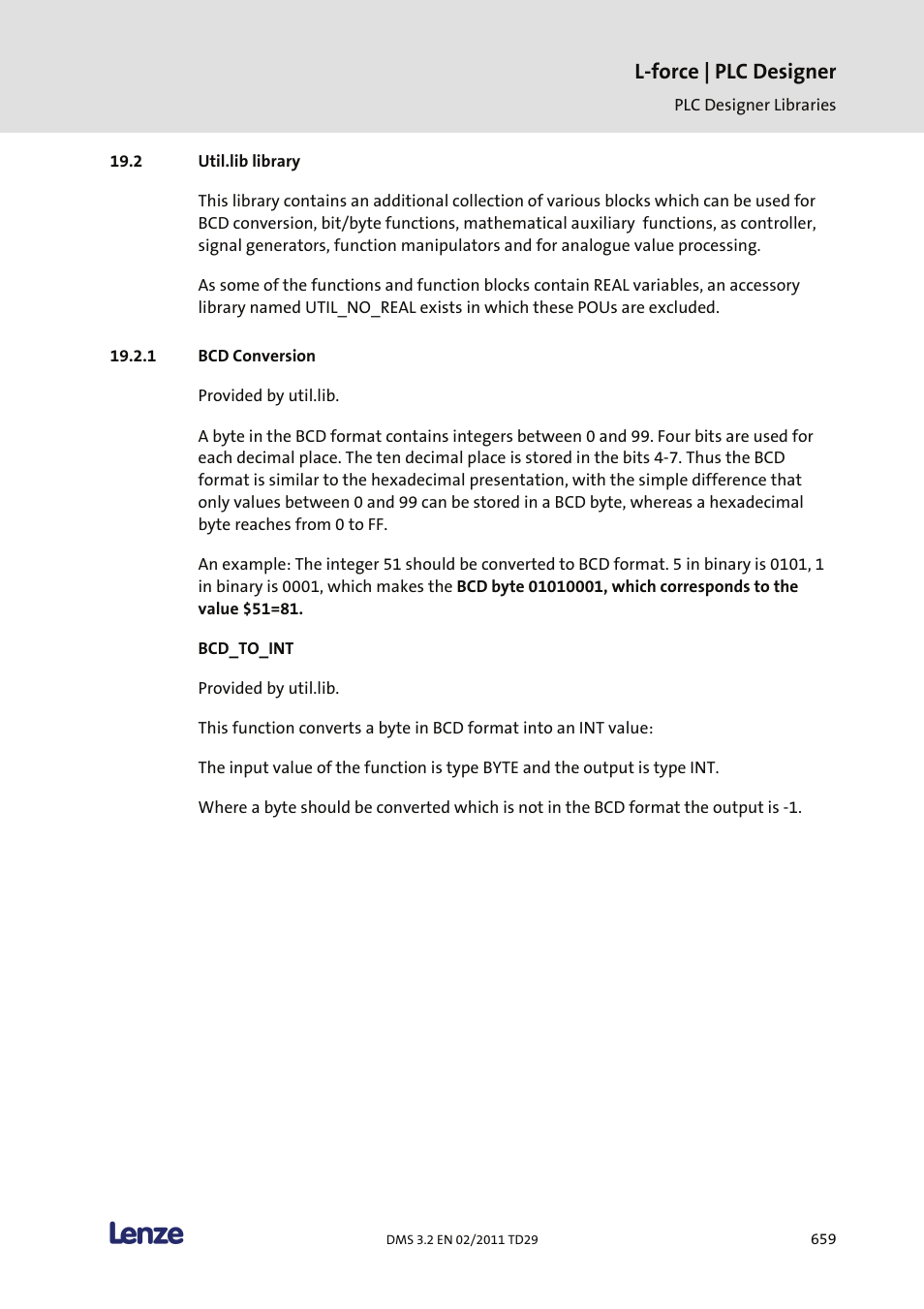 Util.lib library, Bcd conversion, L-force | plc designer | Lenze PLC Designer PLC Designer (R2-x) User Manual | Page 661 / 844