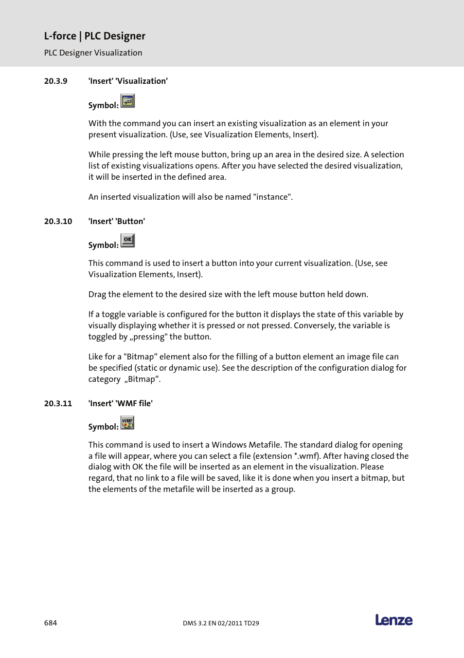 Insert' 'visualization, Insert' 'button, Insert' 'wmf file | L-force | plc designer | Lenze PLC Designer PLC Designer (R2-x) User Manual | Page 686 / 844