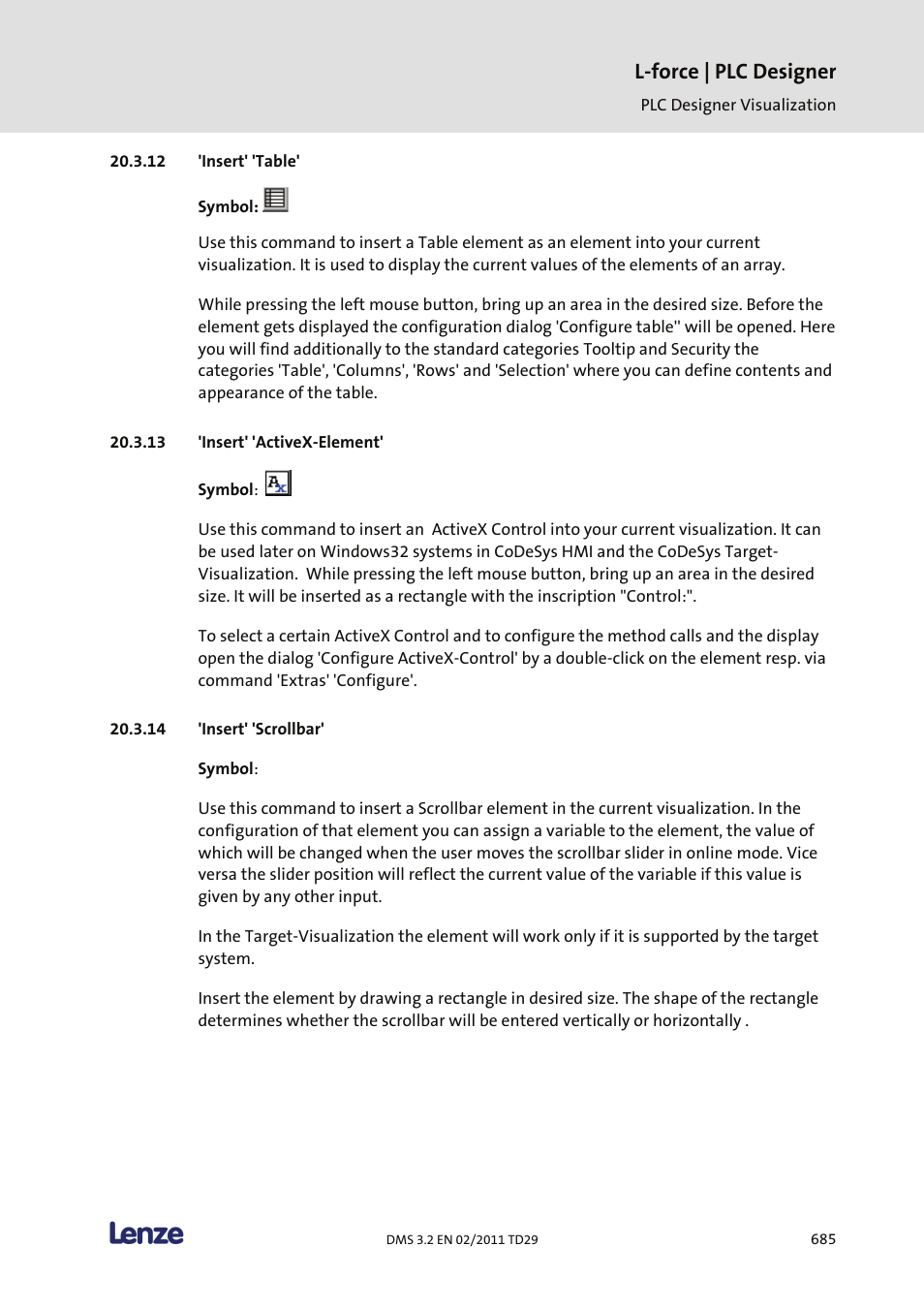 Insert' 'table, Insert' 'activex-element, Insert' 'scrollbar | L-force | plc designer | Lenze PLC Designer PLC Designer (R2-x) User Manual | Page 687 / 844