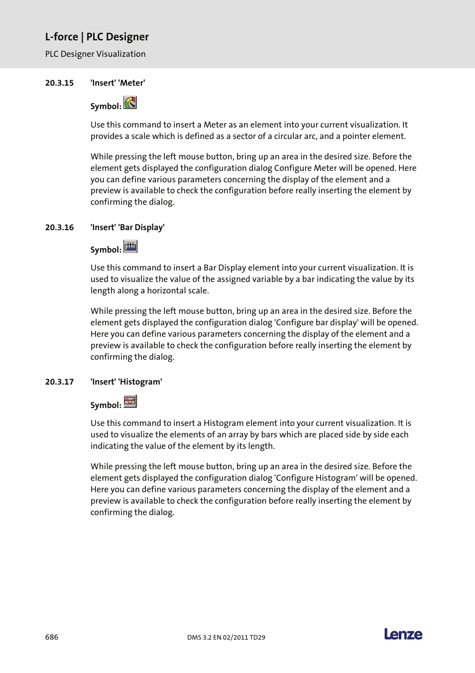 Insert' 'meter, Insert' 'bar display, Insert' 'histogram | L-force | plc designer | Lenze PLC Designer PLC Designer (R2-x) User Manual | Page 688 / 844
