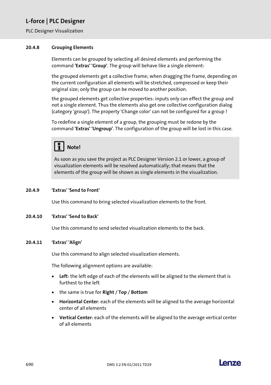 Grouping elements, Extras' 'send to front, Extras' 'send to back | Extras' 'align, L-force | plc designer | Lenze PLC Designer PLC Designer (R2-x) User Manual | Page 692 / 844