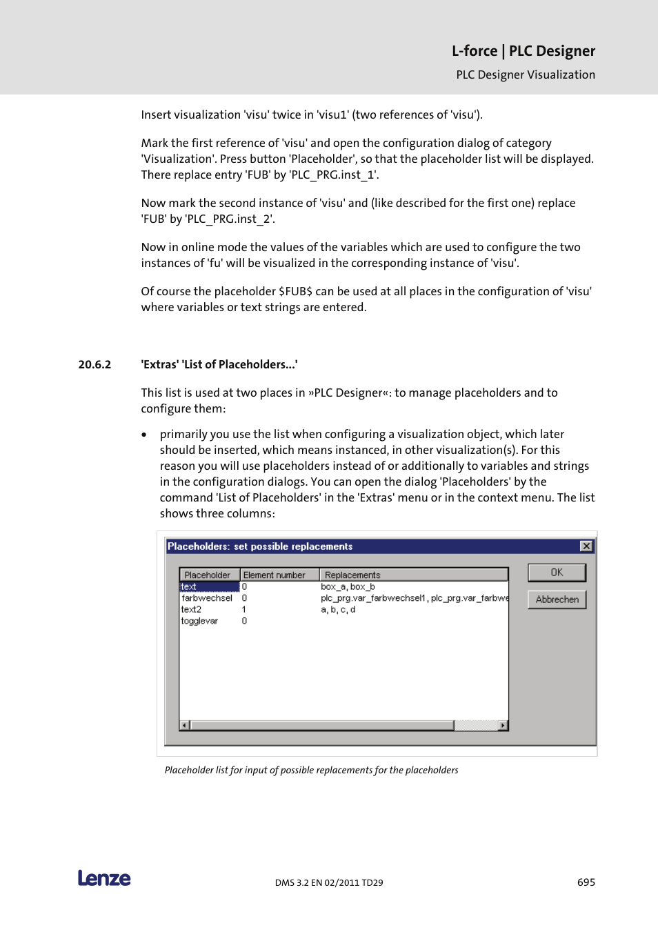Extras' 'list of placeholders, L-force | plc designer | Lenze PLC Designer PLC Designer (R2-x) User Manual | Page 697 / 844