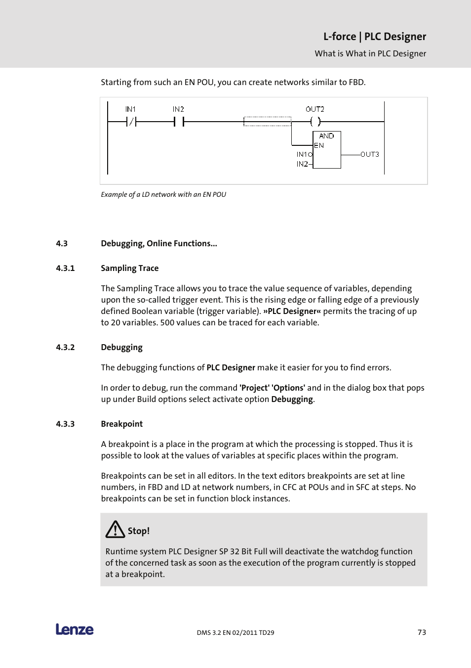 Debugging, online functions, Sampling trace, Debugging | Breakpoint, L-force | plc designer | Lenze PLC Designer PLC Designer (R2-x) User Manual | Page 75 / 844