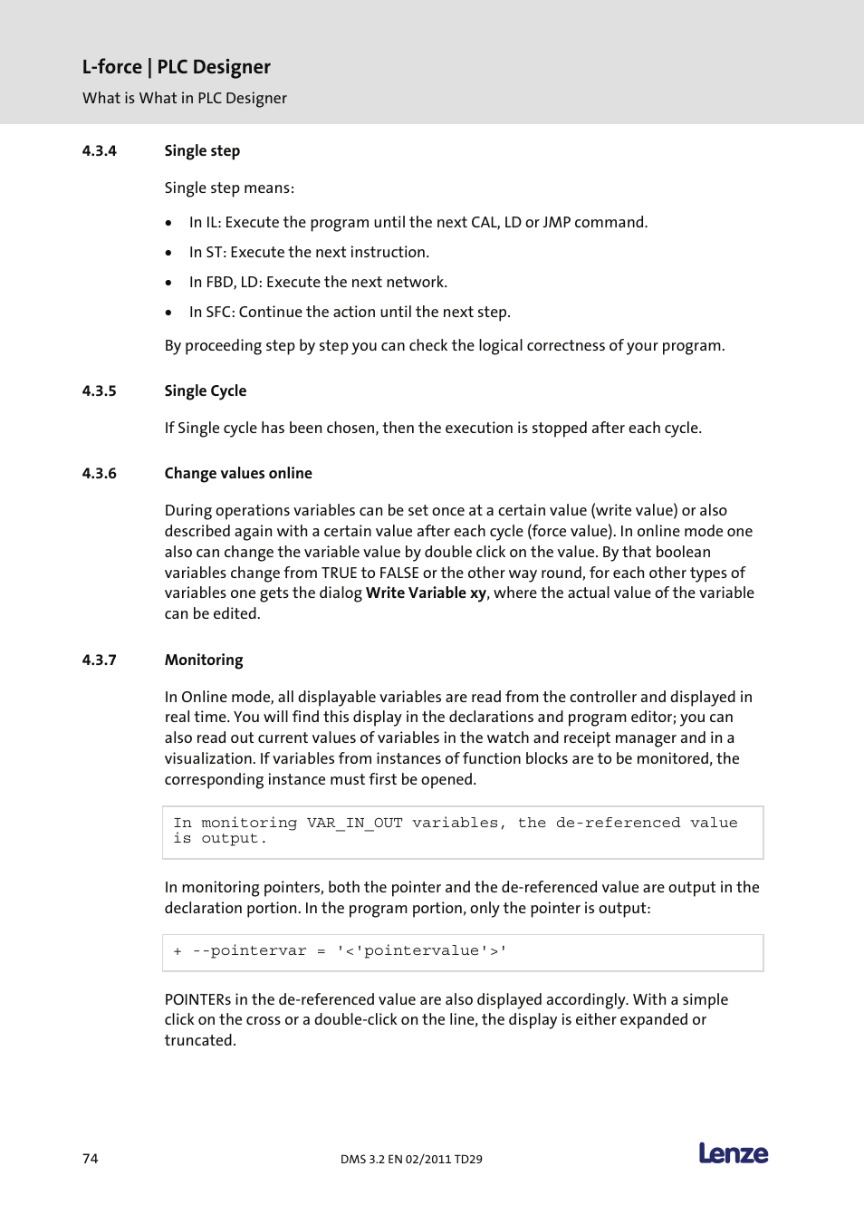 Single step, Single cycle, Change values online | Monitoring, L-force | plc designer | Lenze PLC Designer PLC Designer (R2-x) User Manual | Page 76 / 844