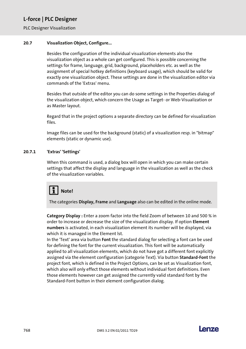 Visualization object, configure, Extras' 'settings, L-force | plc designer | Lenze PLC Designer PLC Designer (R2-x) User Manual | Page 770 / 844