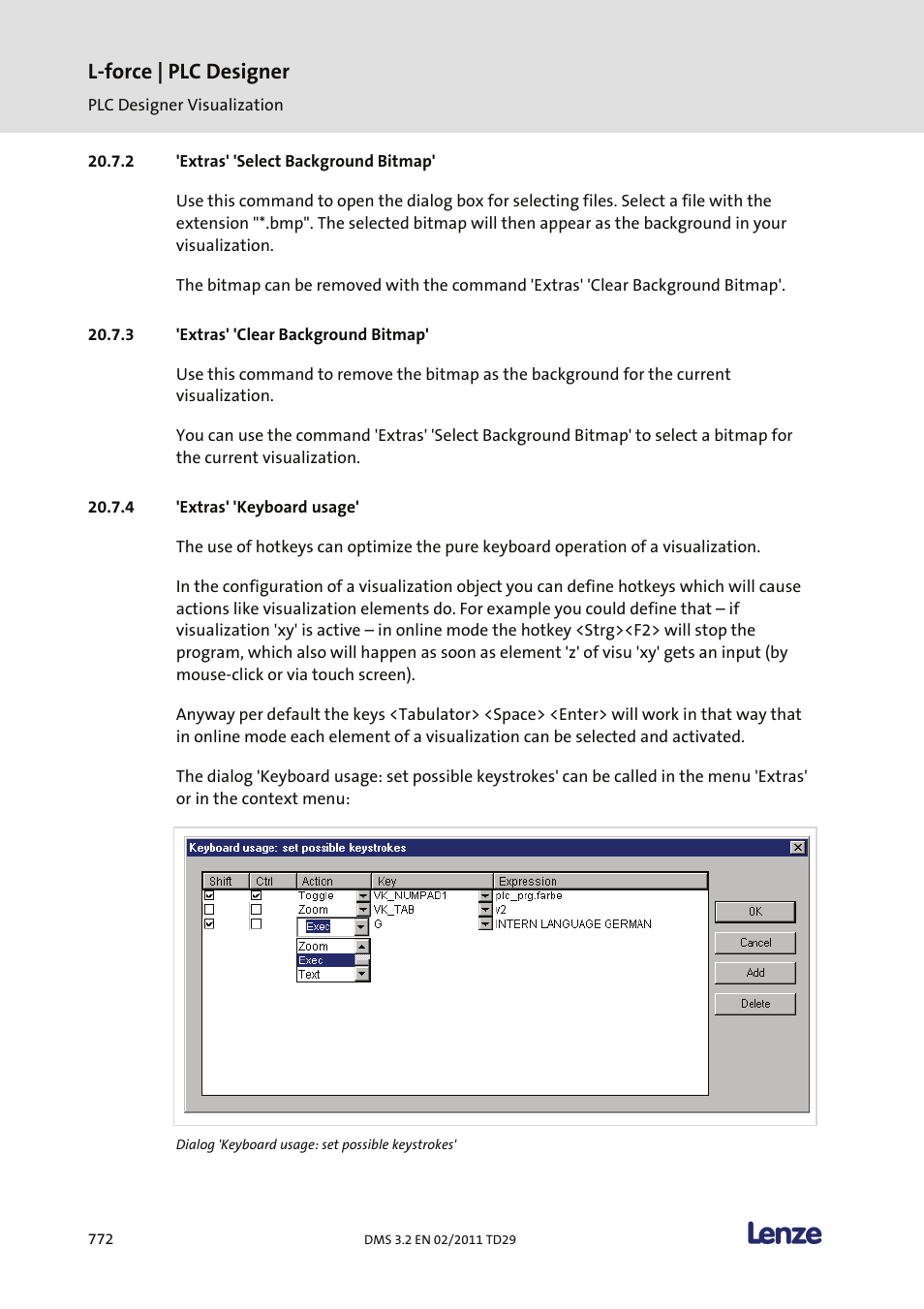 Extras' 'select background bitmap, Extras' 'clear background bitmap, Extras' 'keyboard usage | L-force | plc designer | Lenze PLC Designer PLC Designer (R2-x) User Manual | Page 774 / 844