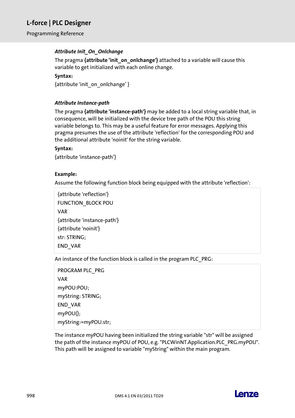 Attribute init_on_onlchange, Attribute instance-path, L-force | plc designer | Lenze PLC Designer PLC Designer (R3-1) User Manual | Page 1000 / 1170