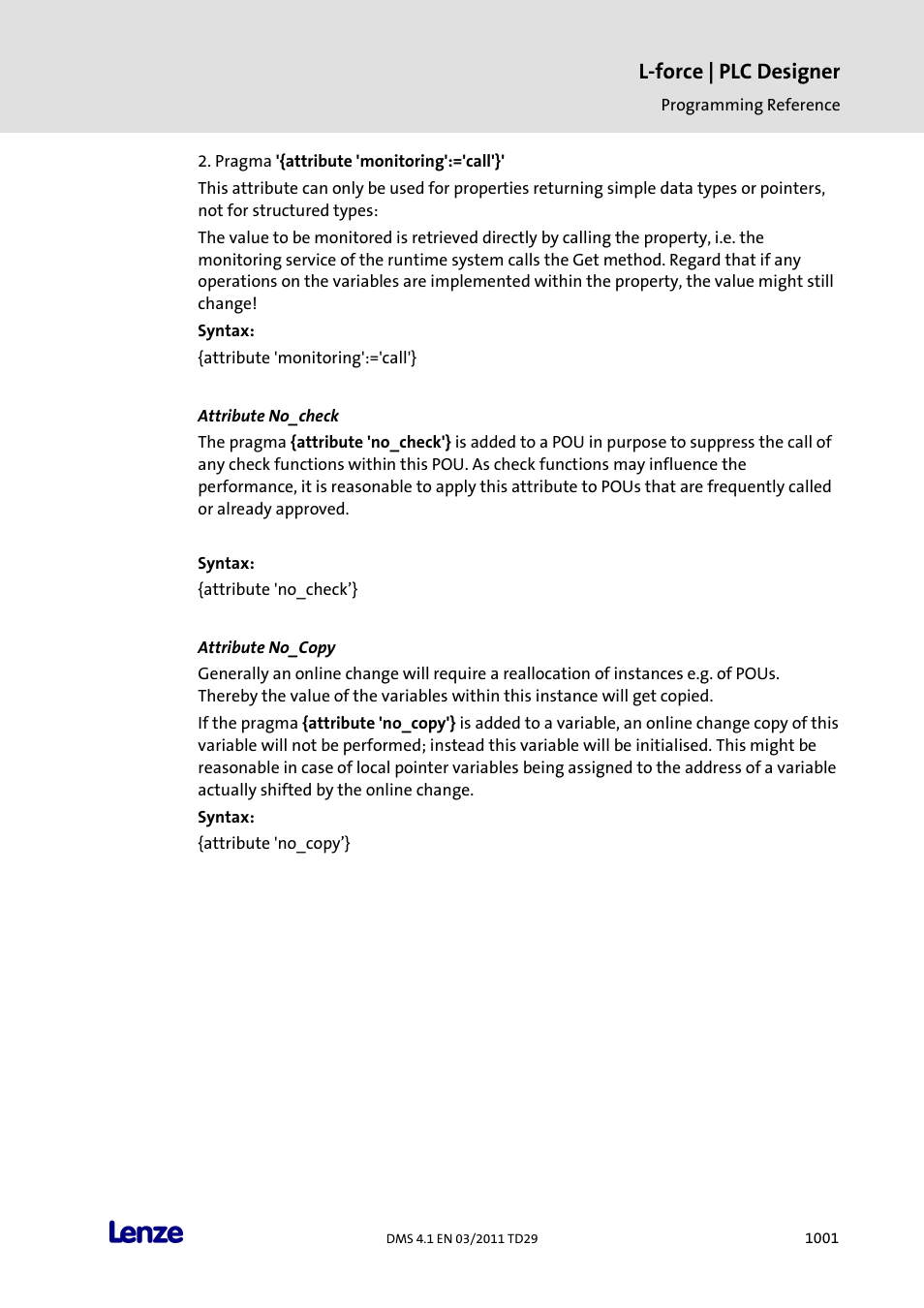 Attribute no_check, Attribute no_copy, L-force | plc designer | Lenze PLC Designer PLC Designer (R3-1) User Manual | Page 1003 / 1170