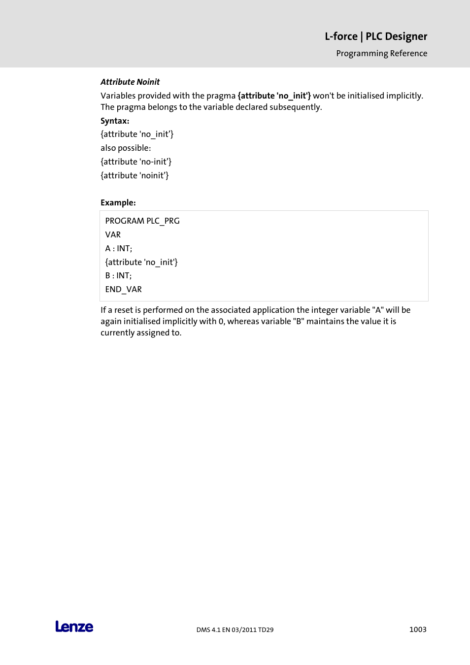 Attribute noinit, L-force | plc designer | Lenze PLC Designer PLC Designer (R3-1) User Manual | Page 1005 / 1170