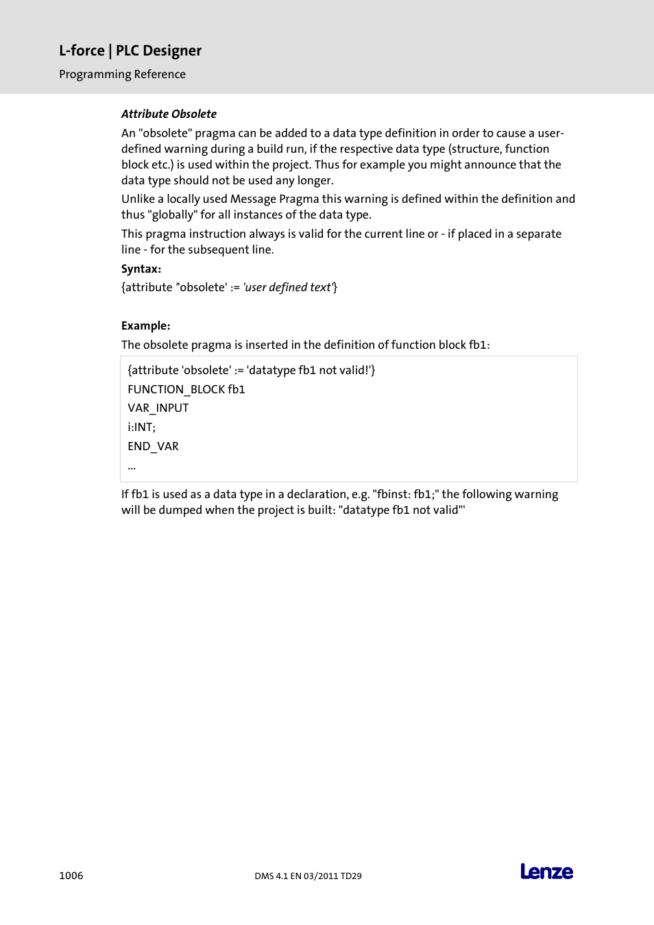 Attribute obsolete, L-force | plc designer | Lenze PLC Designer PLC Designer (R3-1) User Manual | Page 1008 / 1170