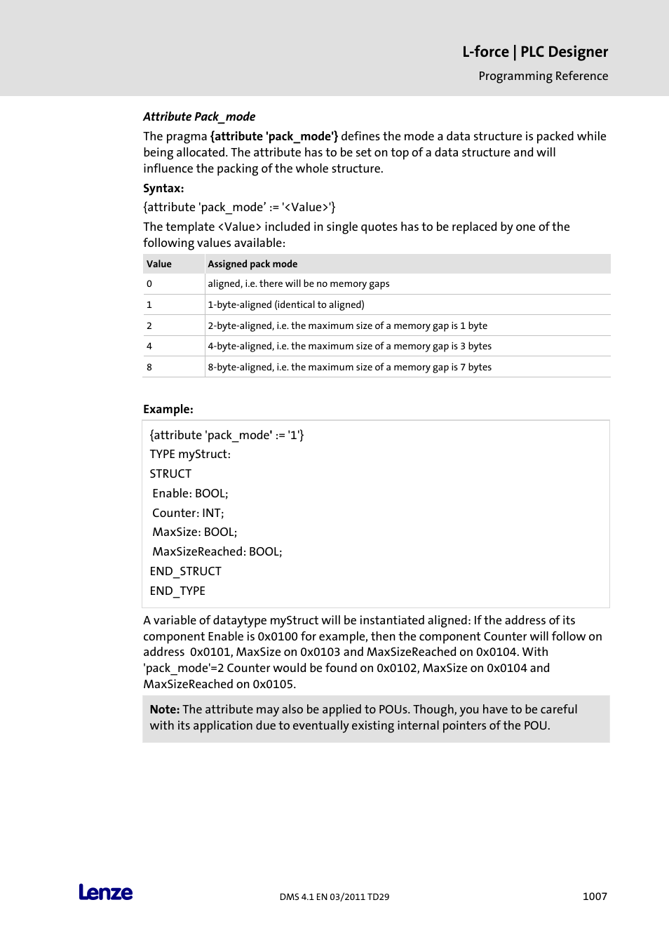 Attribute pack_mode, L-force | plc designer | Lenze PLC Designer PLC Designer (R3-1) User Manual | Page 1009 / 1170