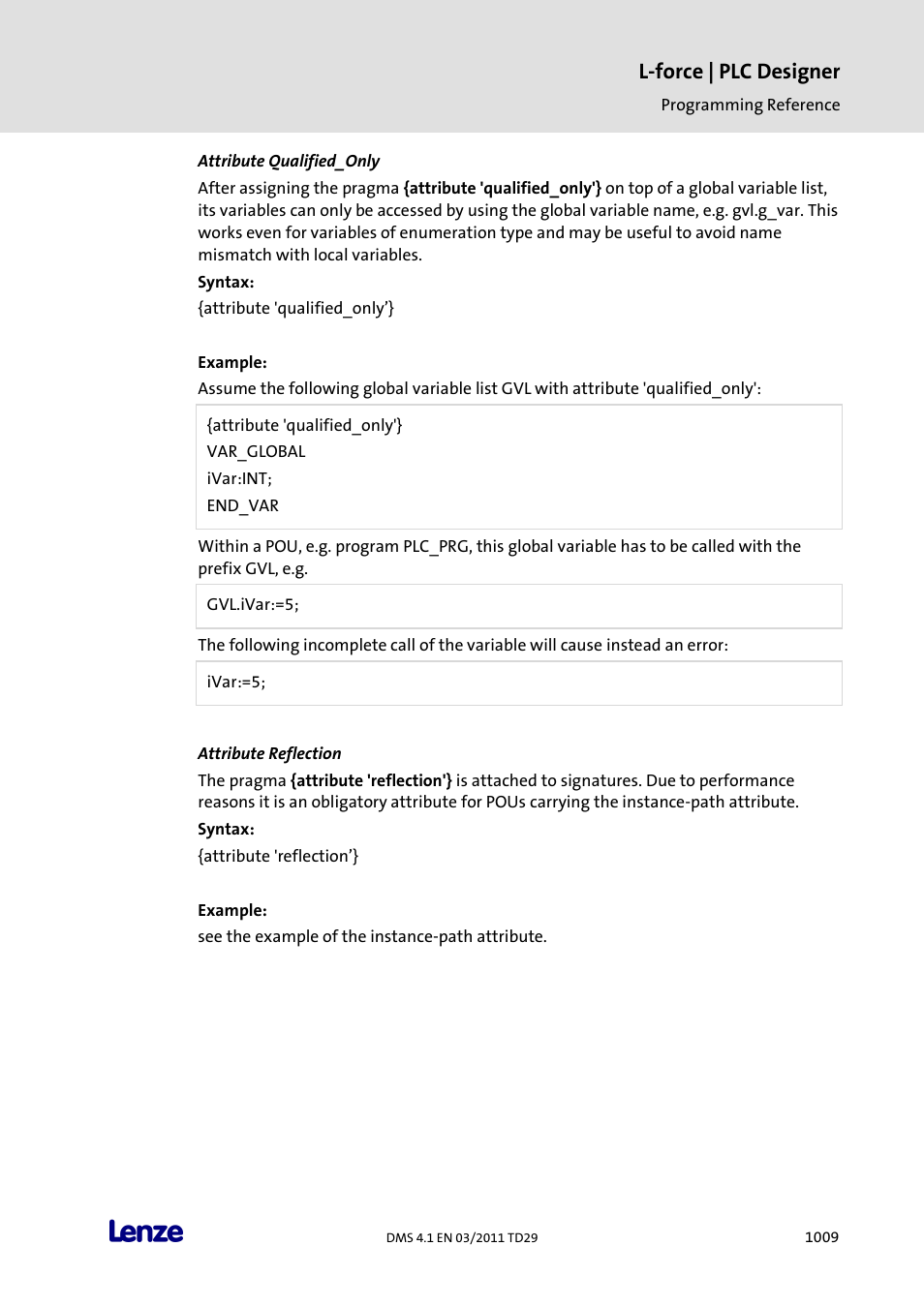 Attribute qualified_only, Attribute reflection, L-force | plc designer | Lenze PLC Designer PLC Designer (R3-1) User Manual | Page 1011 / 1170