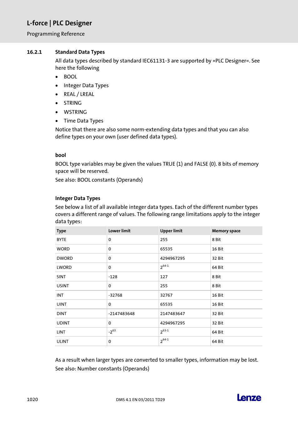 Standard data types, Bool, Integer data types | Standard data types 0, L-force | plc designer | Lenze PLC Designer PLC Designer (R3-1) User Manual | Page 1022 / 1170