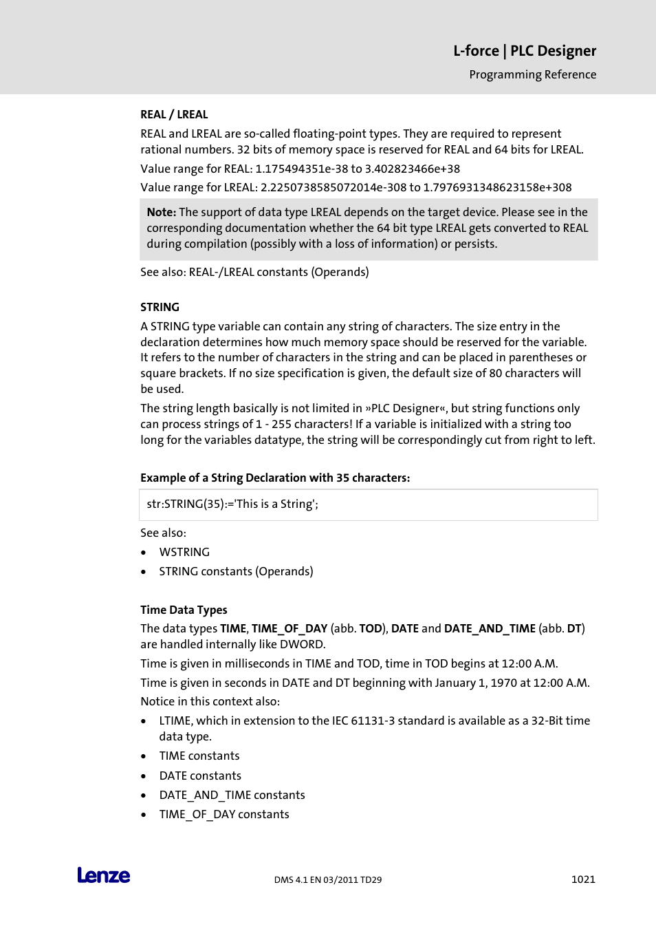 Real / lreal, String, Time data types | L-force | plc designer | Lenze PLC Designer PLC Designer (R3-1) User Manual | Page 1023 / 1170