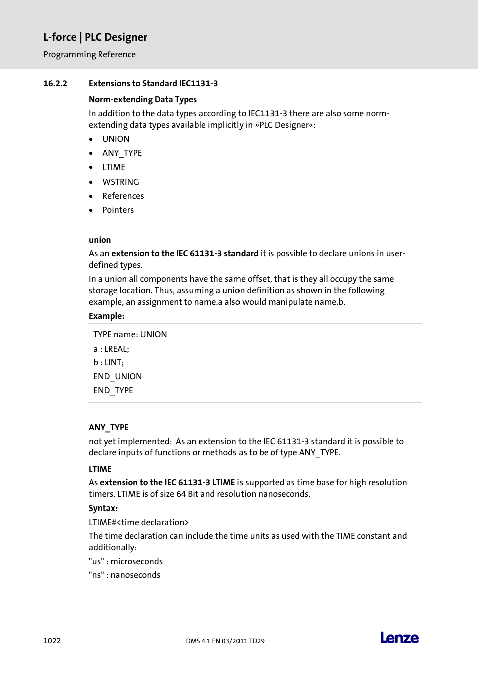 Extensions to standard iec1131-3, Norm-extending data types, Union | Any_type, Ltime, Extensions to standard iec1131-3 2, L-force | plc designer | Lenze PLC Designer PLC Designer (R3-1) User Manual | Page 1024 / 1170