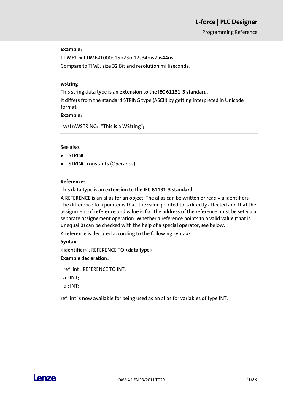 Wstring, References, L-force | plc designer | Lenze PLC Designer PLC Designer (R3-1) User Manual | Page 1025 / 1170