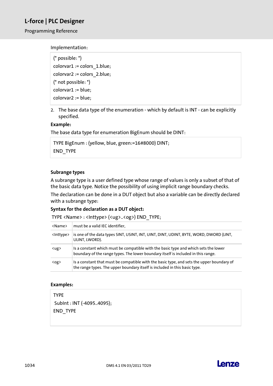Subrange types, L-force | plc designer | Lenze PLC Designer PLC Designer (R3-1) User Manual | Page 1036 / 1170