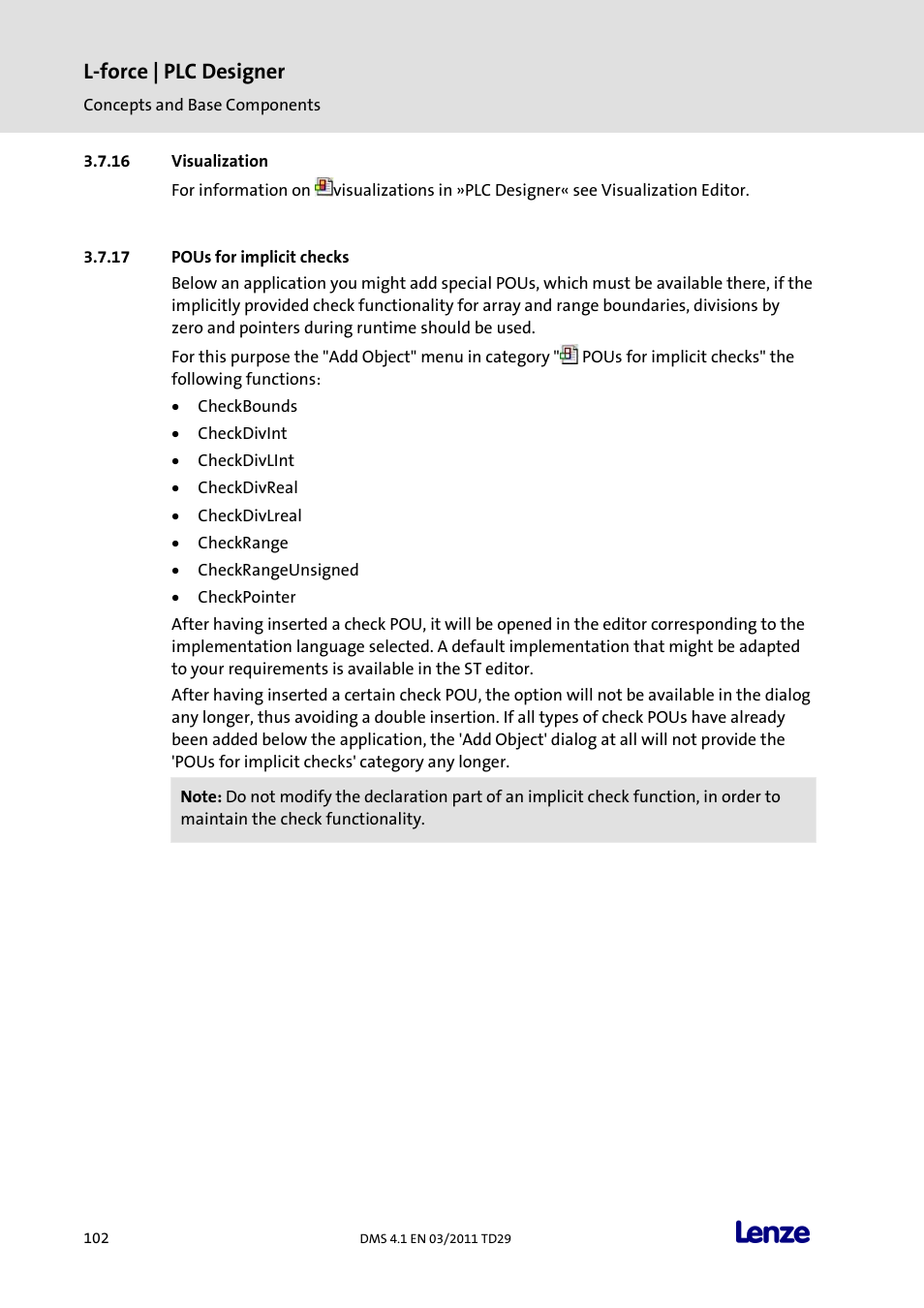 Visualization, Pous for implicit checks, L-force | plc designer | Lenze PLC Designer PLC Designer (R3-1) User Manual | Page 104 / 1170