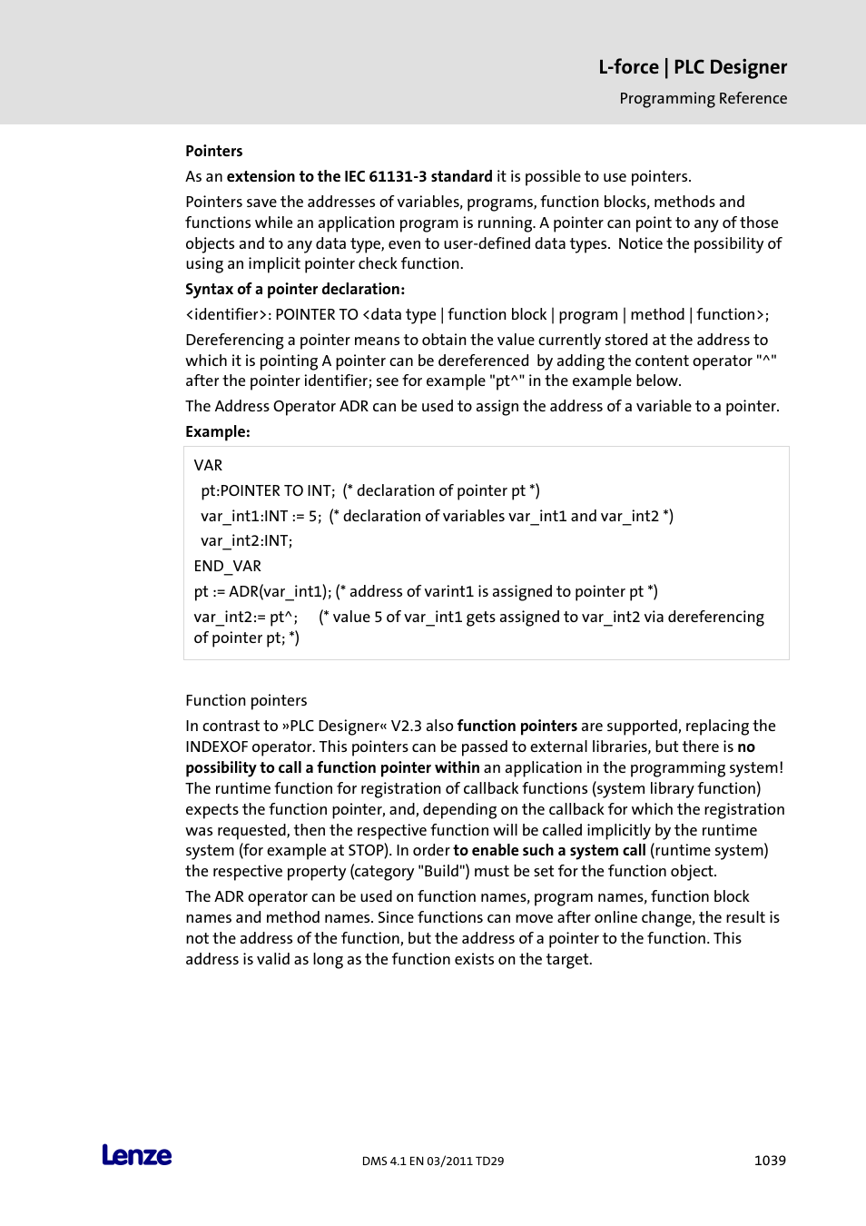 Pointers, L-force | plc designer | Lenze PLC Designer PLC Designer (R3-1) User Manual | Page 1041 / 1170