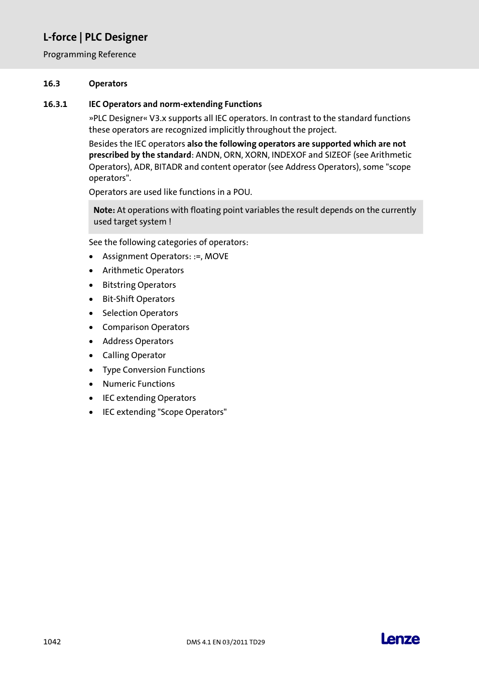 Operators, Iec operators and norm-extending functions, Operators 2 | Iec operators and norm-extending functions 2, L-force | plc designer | Lenze PLC Designer PLC Designer (R3-1) User Manual | Page 1044 / 1170